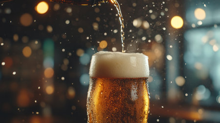 A close-up view of beer pouring into a glass, showcasing bubbles, foam, and vibrant amber color. The warm bar setting highlights a joyful drinking experience.の素材