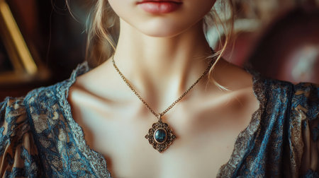 A stunning close-up of a vintage necklace featuring an ornate design and a beautiful gemstone. The soft lighting enhances the delicate beauty of the jewelry.の素材