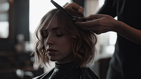 A peaceful salon scene captures a stylist expertly cutting the hair of a female client with wavy locks. The intimate atmosphere showcases beauty and elegance in hair care.の素材