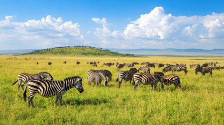 A picturesque view of zebras grazing in a lush green savanna, surrounded by a stunning landscape of hills and vibrant skies, perfect for wildlife enthusiasts.の素材
