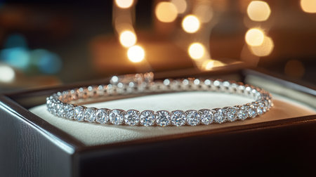 This stunning bracelet showcases a symmetrical design of sparkling diamonds, set against a soft surface, with warm lights creating a magical atmosphere. Ideal for luxury branding.の素材