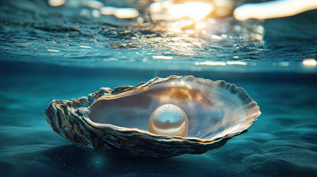 A stunning underwater view showcases an open oyster shell that reveals a lustrous pearl nestled inside. The surrounding clear water shimmers beautifully, lighting up the scene.の素材