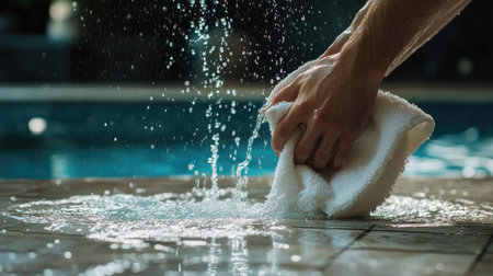 A close-up view of a hand using a white towel to wipe up water from a wet floor by a swimming pool, showcasing cleanliness and maintenance in a bright indoor setting.の素材