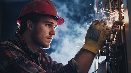 A dedicated male electrician focuses intently on repairing industrial equipment in a workshop. Sparks fly around him as smoke lingers, showcasing his skill and commitment to safety.の素材