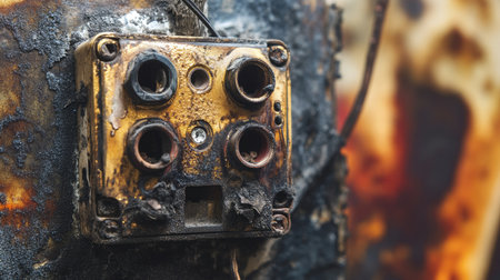 This striking close-up image showcases a rusty electrical box, highlighting extreme decay and damage, evoking themes of neglect, disrepair, and the passage of time.の素材