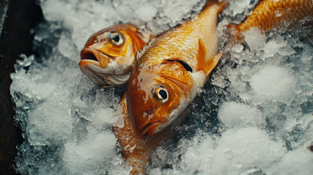 Close-up image of vibrant fish displayed on ice, showcasing freshness and quality. Ideal for seafood markets, culinary content, and food enthusiasts.の素材
