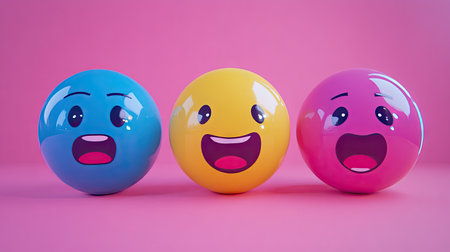 Three vibrant balls with joyful expressions stand out against a pink background. Their playful smiles and cheerful colors add a touch of happiness to any creative project.の素材
