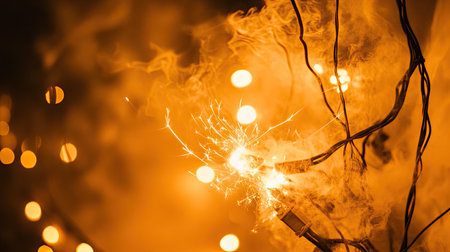 A dramatic image showcasing glowing sparks amidst swirling smoke and vibrant lights, evoking a sense of warmth and excitement for celebrations or events.の素材