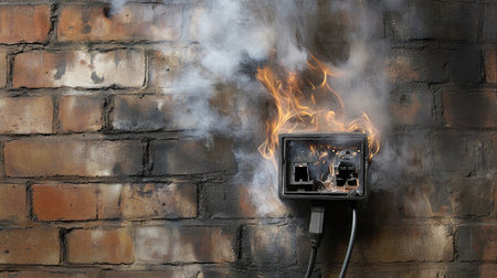 A burning electrical outlet emits smoke and flames against a textured brick wall, showcasing serious fire hazards and emphasizing the importance of safety precautions.の素材