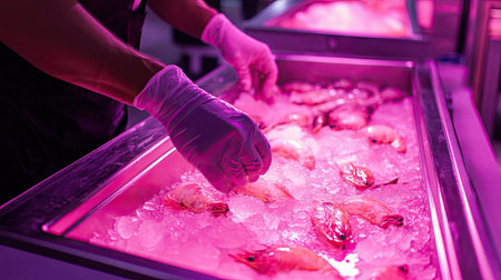 A seafood vendor displays fresh shrimp on ice under purple light. The attendant, wearing gloves, prepares the seafood for customers in a vibrant market setting.の素材
