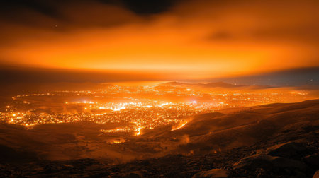 A breathtaking night view showcasing a city glowing with orange lights under a dramatic twilight sky. The serene landscape invites tranquility and wonder.の素材