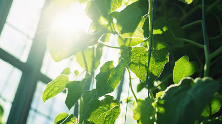 A stunning close-up of green leaves illuminated by warm sunlight, capturing the essence of tranquility and nature in an indoor space, perfect for relaxation.の素材