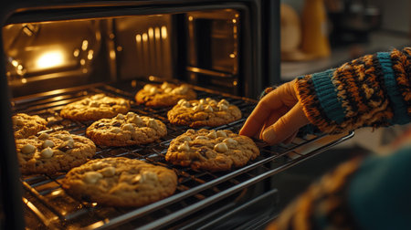 A pair of hands gently retrieves freshly baked cookies from an oven, showcasing warm treats with golden brown edges, filling the cozy kitchen with delightful aroma.の素材