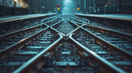 A captivating scene of diverging train tracks enveloped in fog, showcasing colorful signals that evoke a sense of nostalgia and tranquility in an abandoned setting.の素材