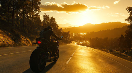 A stunning image capturing a lone motorcycle rider on a winding road as the sun sets behind majestic mountains, creating a serene atmosphere perfect for adventure.の素材