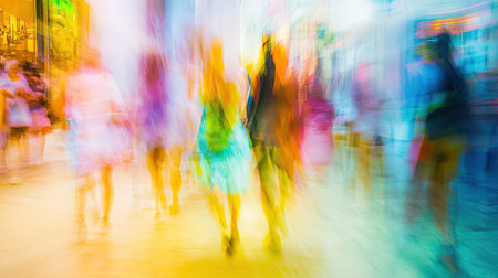 A colorful abstract representation of a busy urban street filled with people walking. The blurred motion suggests energy and excitement in a vibrant environment.の素材