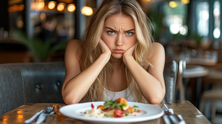 A frustrated young woman expresses disappointment while staring at her meal in a stylish restaurant setting, capturing a relatable dining experience of unease.の素材