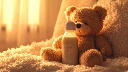 A soft teddy bear and a baby bottle are placed on a cozy blanket, illuminated by warm sunlight, evoking feelings of comfort and peaceful childhood moments.の素材