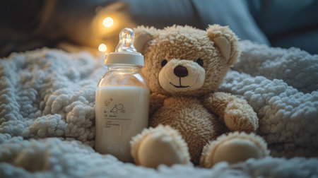 A charming setup featuring a plush teddy bear and a baby bottle on a fluffy blanket, illuminated by soft lights, ideal for capturing the essence of childhood joy and comfort.の素材