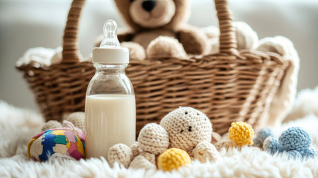 A heartwarming scene featuring a cozy baby setup with a milk bottle, charming knitted toys, and a teddy bear in a soft basket, perfect for a nursery ambiance.の素材