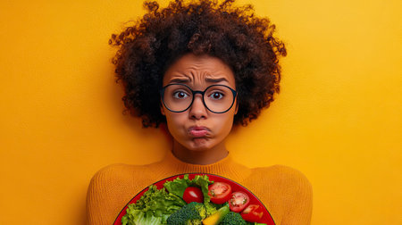A young woman with curly hair holds a colorful plate of fresh vegetables, showcasing her disappointed expression against a bright yellow backdrop, highlighting healthy eating.の素材