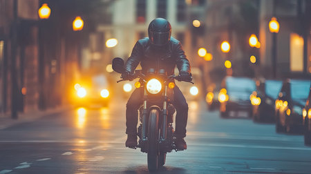 A rider confidently maneuvers through an urban street at twilight, surrounded by glowing city lights. The scene captures the essence of freedom and adventure.の素材