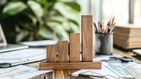 A wooden bar graph display sits on a stylish office desk, emphasizing growth and productivity. Stationery and laptops surround the graph, creating a modern workspace atmosphere.の素材