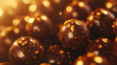 This image features a close-up view of rich chocolate balls with a glossy texture, surrounded by warm light, evoking indulgence and temptation for dessert lovers.の素材