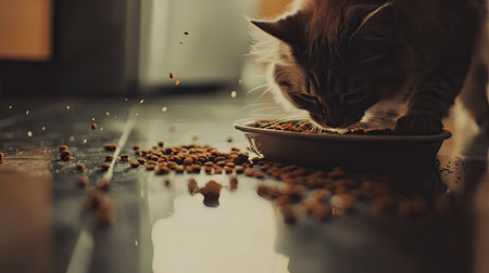 A charming scene of a cat enjoying its meal from a bowl, surrounded by scattered food crumbs. Soft natural light enhances the cozy atmosphere in this indoor setting.の素材