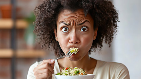 A young woman displaying a surprised expression while enjoying a healthy dish from a bowl in a bright kitchen, highlighting her curiosity and delight in trying new flavors.の素材