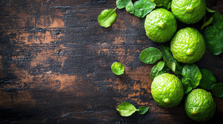 This image features fresh green kaffir limes alongside fragrant green leaves on a dark rustic wooden table, perfect for enhancing healthy and vibrant culinary dishes.の素材