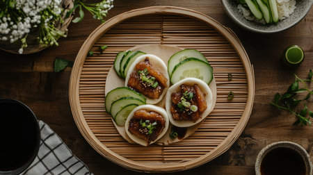 A beautifully arranged plate showcasing delightful steamed buns filled with savory goodness, accompanied by crisp cucumber slices, perfect for food lovers.の素材