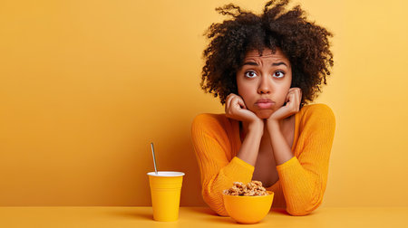 A woman with curly hair rests her chin on her hands, looking bored while enjoying a colorful snack and drink, set against a vibrant yellow backdrop.の素材