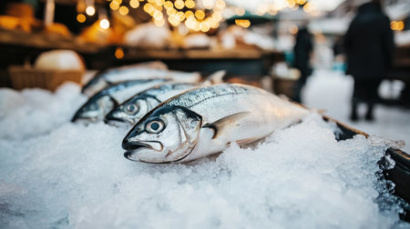 A stunning display of fresh fish on ice, surrounded by warm bokeh lights at a lively marketplace. Experience the charm of seafood shopping amid vibrant colors.の素材