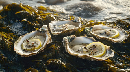 A stunning display of fresh oysters resting on vibrant seaweed, garnished with lemon slices and spices, perfect for capturing the essence of coastal culinary adventures.の素材