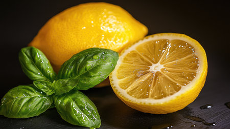 A bright lemon with a sliced half showcases juicy texture beside fresh green basil leaves, perfect for food presentation or culinary concepts in a vibrant setting.の素材