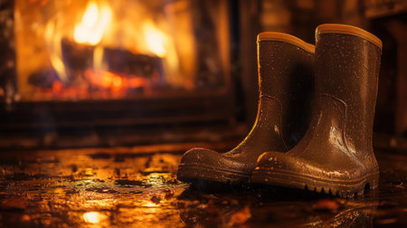 This warm and inviting indoor scene features brown rubber boots resting near a crackling fireplace, reflecting cozy autumn vibes perfect for relaxation and comfort.の素材