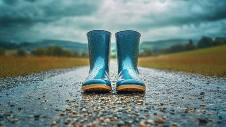 A pair of vibrant blue rubber boots stands on a rain-soaked road, surrounded by lush greenery under a moody sky, evoking the charm of outdoor adventures in wet weather.の素材