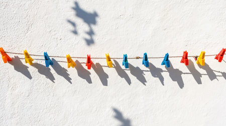 A collection of colorful clothespins hanging on a string against a clean white wall, casting playful shadows, creating a fun and lively atmosphere perfect for various settings.の素材