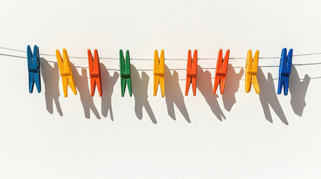A vibrant display of colorful clothespins arranged on a clothesline against a white backdrop, highlighting playful shadows and creating an inviting atmosphere for household themes.の素材
