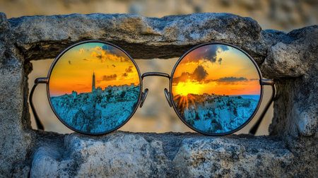 A pair of round sunglasses frames a breathtaking reflection of a vibrant sunset over an ancient cityscape, creating a stunning contrast of colors in nature.の素材