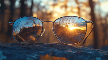 A close-up view of sunglasses reflecting a stunning sunset, surrounded by nature. The image captures the essence of tranquility and beauty in an outdoor setting.の素材