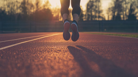 A dynamic shot of an athlete running on a track during a stunning sunset, embodying the essence of sport, fitness, and personal growth through exercise.の素材