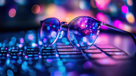 A striking close-up shows colorful reflections in stylish sunglasses. The background features captivating bokeh lights, creating a blend of technology and modern aesthetics.の素材