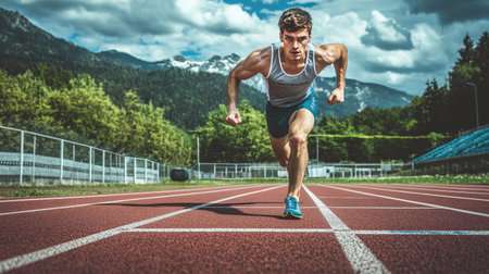 A young male athlete sprints down a track, showcasing determination and speed against a breathtaking backdrop of mountains and dramatic clouds. Ideal for fitness themes.の素材