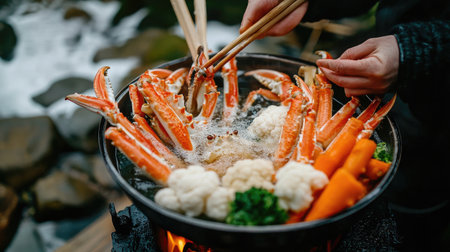 A vibrant scene of fresh crab and vegetables cooking in a pot over an open flame, surrounded by nature, capturing the essence of outdoor culinary experiences.の素材