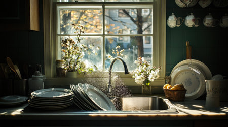 A bright kitchen scene features sunlight filtering through a window, highlighting a beautifully arranged sink filled with fresh flowers and stacked plates.の素材