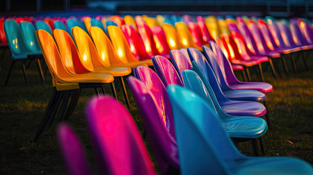 A striking display of colorful plastic chairs arranged in neat rows, illuminated by sunlight, creating a vibrant outdoor atmosphere perfect for events or gatherings.の素材