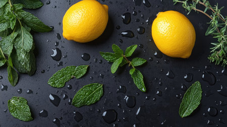 Capture the essence of freshness with vibrant lemons and mint leaves enhanced by water droplets on a dark surface, ideal for culinary and beverage inspiration.の素材