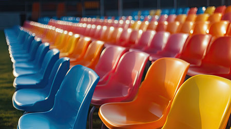 This image captures a vivid arrangement of empty plastic chairs in a bright outdoor arena, emphasizing color and design in an inviting setting for social events.の素材